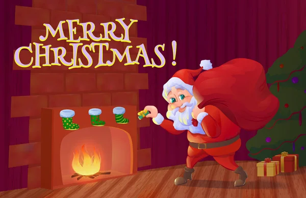 Санта Клаус кладет рождественский подарок в носок, висящий возле фейерверка. — стоковый вектор