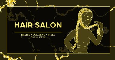 Kuaför ya da saç salonu afiş, güzellik stüdyosu afiş, örgülü saç modeli, Afrika ya da boksör örgüler, son moda saç modeli tasarımı, el ilanı, şablon ile kız altın arka plan mermer