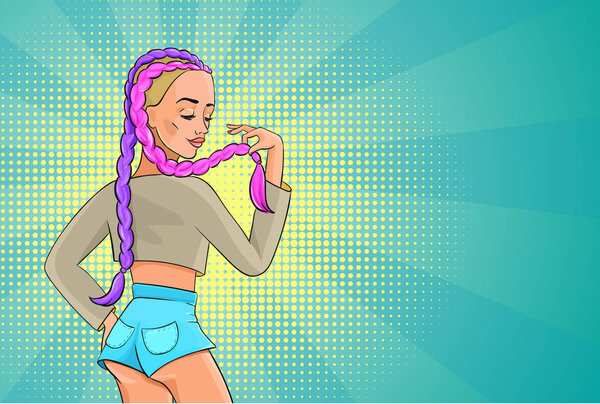 Pop art woman, sexy young girl wearing jeans shorts with trendy african colored braids hairstyle, retro cartoon background with female character, hair salon banner, advertising vector poster