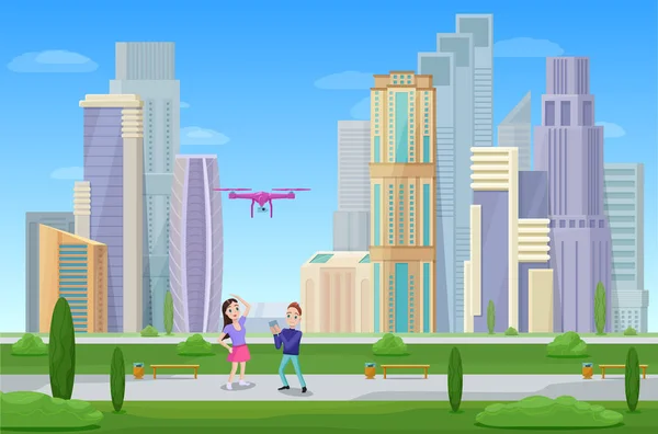 Paysage urbain moderne avec gratte-ciel, bâtiments hauts, fond urbain et couple dans un parc avec drone volant ou quadcopter, concept de style de vie en plein air, illustration vectorielle — Image vectorielle