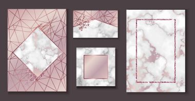 Mermer broşür düzen, düğün daveti kümesi, kartvizit şablonu veya arka planda şık minimalist geometrik tarzı, taş, granit, altın gül doku, vektör moda duvar kağıdı, poster, kapak