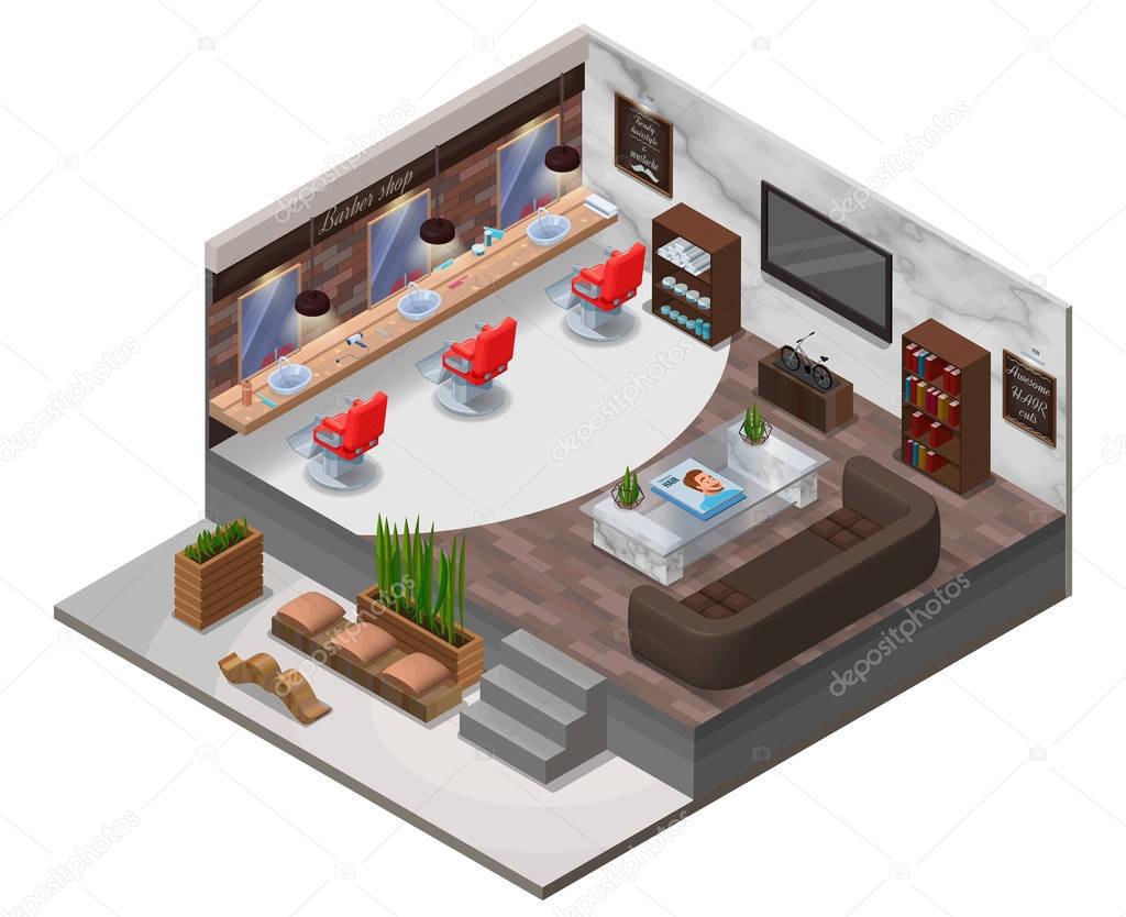 Isometric barber shop interior, hipster hair salon design with modern wooden furniture, marble wall, barbershop chair, sofa, terrarium plant, bicycle, hairdresser accessories, beauty studio layout