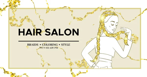 美容師または髪サロン バナー、美容スタジオ ポスター、編組ヘアスタイル、アフリカやボクサーのお下げ、トレンディなヘアスタイルのデザイン、チラシのテンプレートを持つ少女大理石ゴールドの背景 — ストックベクタ