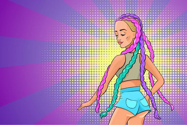 Mujer arte pop, chica joven sexy con pantalones cortos vaqueros con trenzas de color africano de moda peinado, fondo de dibujos animados retro con carácter femenino, pancarta de salón de pelo, cartel de vector de publicidad — Vector de stock