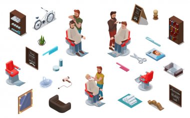 3D izometrik insanlar ve Kuaför Salonu iç Oluşturucu, Kuaför kesim saç, tıraş, karakter kümesi, toplama hipster Kuaför Salonu, güzellik stüdyosu, ahşap mobilya, berber aksesuarları için