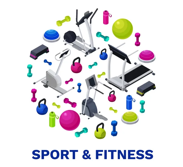 Isometrisches Fitness-Poster mit Vektor-Symbolen von Sportgeräten, buntem Hintergrund mit Hanteln, Plattformen, Bosu-Ball oder Halbball, Flasche, Set Workout-Accessoires, Vorlage für Flyer, Banner — Stockvektor