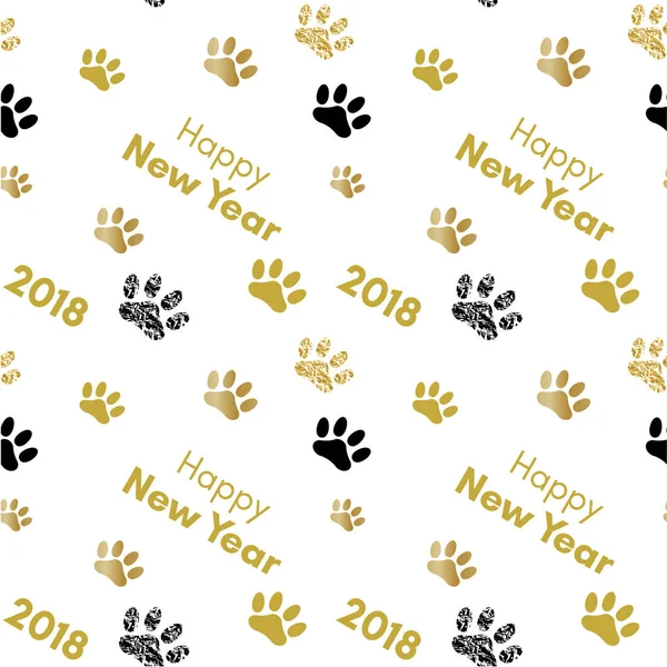 2018 chino nuevo año de patrón inconsútil perro amarillo con la pista de la pata del vector de oro, brillo, textura de la hoja, plantilla para el calendario, cartel, bandera, tarjeta de felicitación — Vector de stock