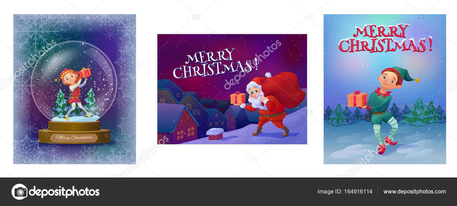 Christmas Greeting Cards Collection With Elf Girl In Snow Globe Elf Boy In The Woods Christmas Greeting Cards Collection With Elf Girl In Snow Globe Elf Boy In The Woods
