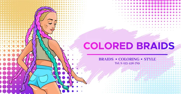 Hair salon banner with pop art style girl with colored boxer braids trendy hairstyle wearing jeans shorts, hairdresser flyer, fashion modern woman, beauty studio poster vector illustration — Stock Vector