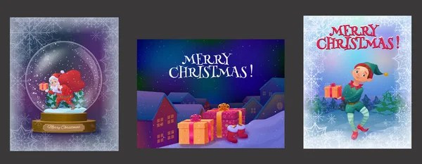 Συλλογή ευχετήριες κάρτες Χριστουγέννων με ξωτικό αγόρι στο δάσος, Βασίλη snowglobe και δώρα στην οροφή, σύνολο χαρακτήρων κινουμένων σχεδίων, χειμερινές διακοπές σε φόντο, εικονογράφηση διάνυσμα — Διανυσματικό Αρχείο