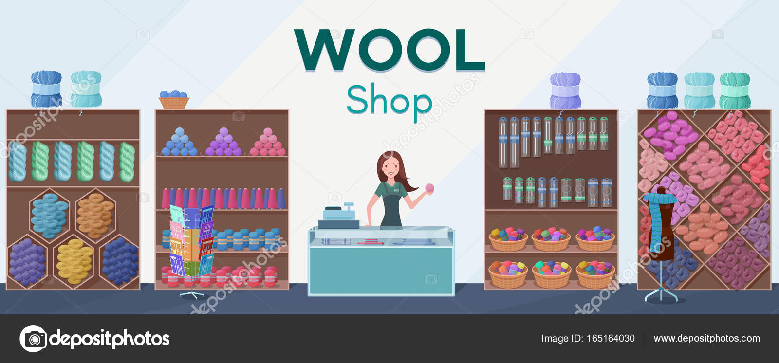 Wol winkel interieur sjabloon met verkoper of caissière bij kassa ... Wol winkel interieur sjabloon met verkoper of caissière bij kassa ...