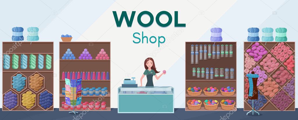 Wool shop interior template with seller or cashier at cash desk, yarn skeins, knitting tools, machine and handmade hobby accessories in flat style vector illustration