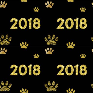 Sarı köpek seamless modeli ile altın vektör pençe iz, glitter, 2018 Çin yeni yılı doku, takvim, poster, afiş, tebrik kartı için şablon folyo