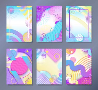 Soyut posterler trendy içinde ayarla 80s 90s memphis tarzı desenler, çerçeveleri ve geometrik şekiller, metin yer, vektör çizim ile renkli arka plan