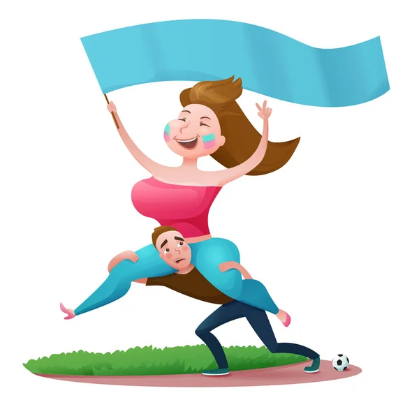 Cartoon football fans standing at stadium and celebrating goal, humorous cheerleader girl with flag and boy holding her on shoulders, vector illustration — Stock Vector