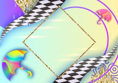 Soyut hipster renk kompozisyonu trendy 90s tarzı ile geometrik şekiller, kare, sıvı ve liguid doku, fütüristik parlak arka plan, afiş, poster, vektör çizim için şablon