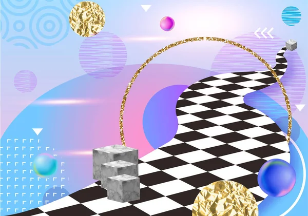 Soyut hipster renk kompozisyonu trendy 90s tarzı ile geometrik şekiller, kare, sıvı ve liguid doku, fütüristik parlak arka plan, afiş, poster, vektör çizim için şablon