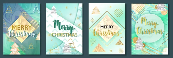 Merry christmas posters set or background, party invitation template with golden glitter, marble and metal foil texture, lettering, winter holidays celebration banner, trendy vector illustration