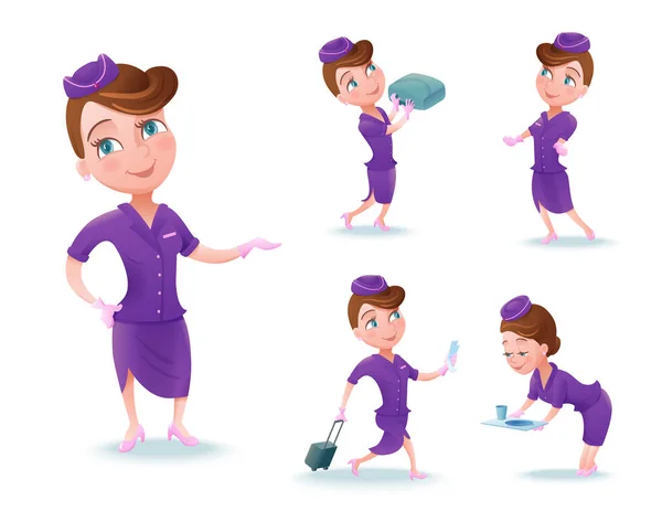 Набор персонажей мультфильмов Стюардессы, член экипажа авиакомпании, симпатичная девушка в фиолетовой форме, подающая еду, проводящая инструктаж по безопасности, векторная иллюстрация — стоковый вектор
