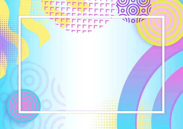 Abstraktes Plakat im trendigen 80er-90er Memphis-Stil mit Mustern, Rahmen und geometrischen Formen, farbenfroher Hintergrund mit Textstelle, Vektorillustration — Stockvektor