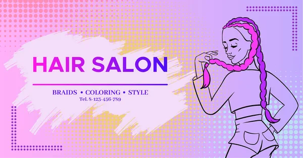 Hair salon banner with pop art style girl with colored boxer braids trendy hairstyle wearing jeans shorts, hairdresser flyer, fashion modern woman, beauty studio poster vector illustration — Stock Vector