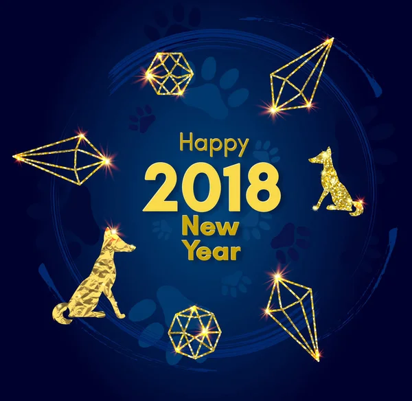 2018 chino nuevo año de concepto de perro amarillo con pista de pata de vector de oro, brillo, textura de lámina, silueta de animal, fondo azul con luces, plantilla para el calendario, cartel, pancarta, tarjeta de felicitación — Vector de stock