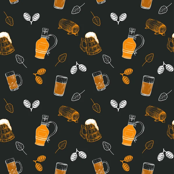 Beer seamless pattern in sketch hand drawn style on chalkboard including bottles, glasses, growler, pint, hop,for poster or banner, menu — Stock Vector