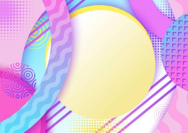 Abstract poster in trendy 80s-90s memphis style with patterns, frames and geometric shapes, colorful background with text place, vector illustration clipart