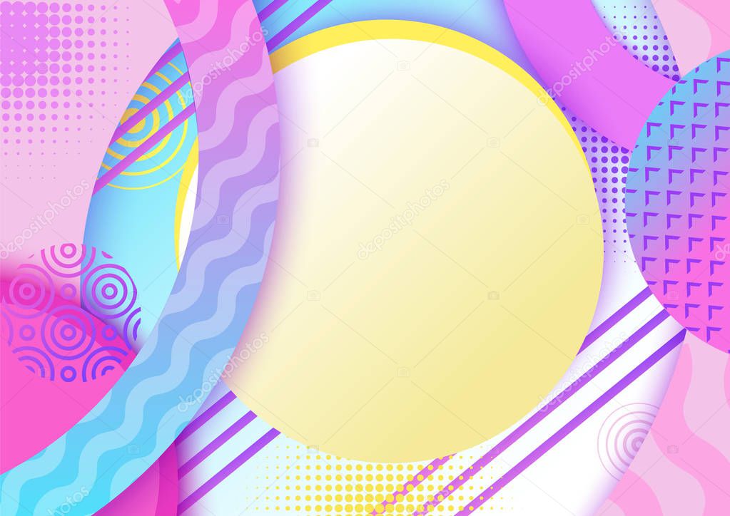 Abstract poster in trendy 80s-90s memphis style with patterns, frames and geometric shapes, colorful background with text place, vector illustration