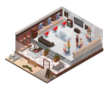 İzometrik 3d Kuaför iç Kuaför figürler, hipster çizgi film karakterleri, Kuaför Salonu, modern ahşap mobilya, berber koltuğu, Bisiklet, Kuaför aksesuarları, güzellik stüdyosu düzen ile alışveriş