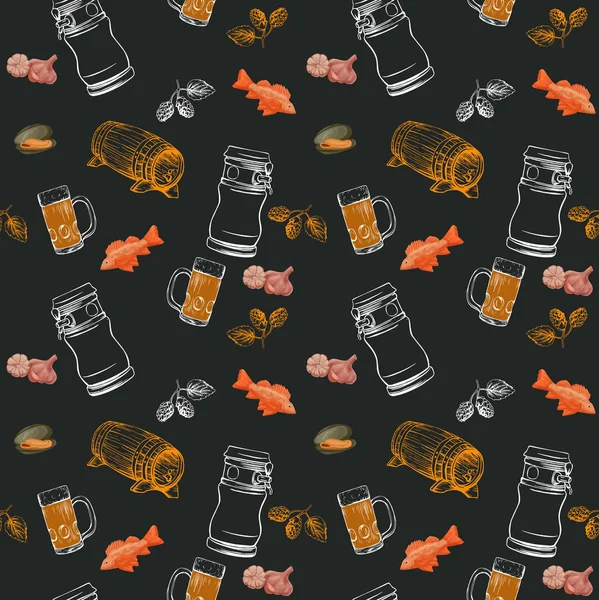 Beer seamless pattern in sketch hand drawn style on chalkboard including bottles, glasses, growler, pint, hop, fish, shrimp, seafood, for poster or banner, menu — Stock Vector