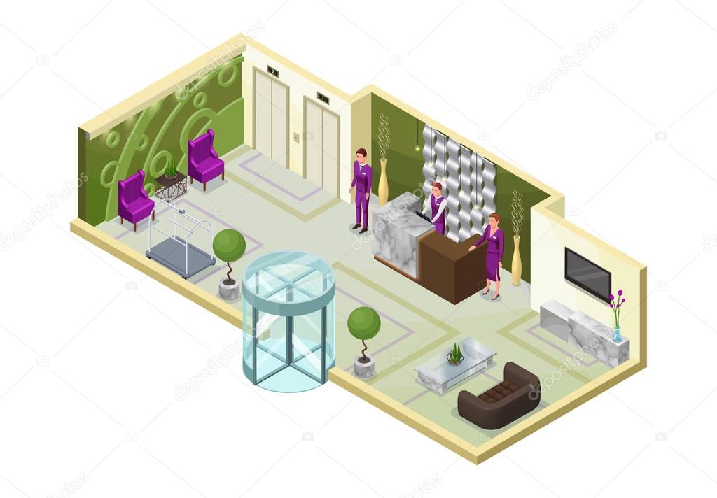 Hotel isometric 3d illustration with people, lobby, reception desk, marble furniture, trendy interior design, inside room view