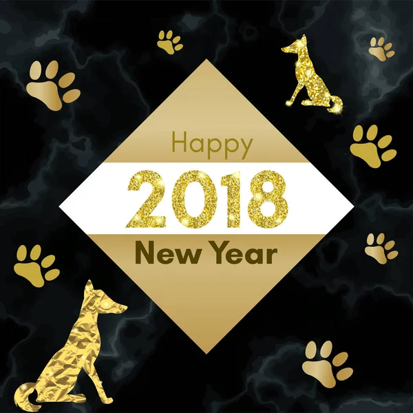 2018 chino nuevo año de concepto de perro amarillo con pista de pata de vector de oro, brillo, textura de lámina, silueta de animal, plantilla para el calendario, cartel, bandera, tarjeta de felicitación — Vector de stock