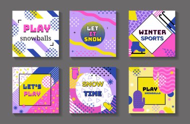 Kış tatili geometrik afiş kümesi ile kartopu, çizgiler, çerçeveler, trendy memphis 90'lı yılların tarzında spor arka plan veya davetiye şablon, kapak, kart, vektör çizim