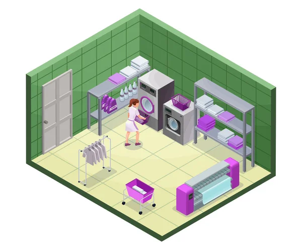 Serviço de lavanderia isométrica 3d ilustração com máquinas de lavar e passar roupa, lavandaria, cestas, detergente, vetor interior do serviço de limpeza de roupas — Vetor de Stock