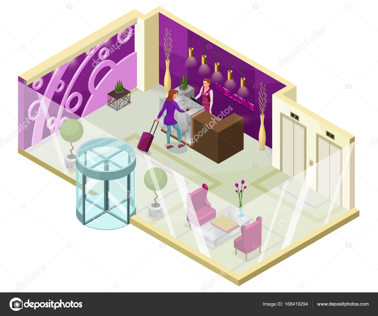 Hotel Check In Isometric 3d Illustration With People Lobby