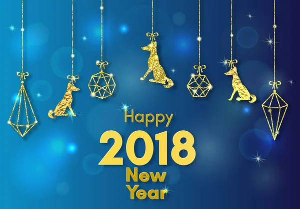 Čínský Nový rok 2018 konceptu žlutý pes zlatý vektor tlapa trať, třpytky, fólie textury, zvířecí siluetu, modré pozadí s světla, šablona pro kalendář, plakát, banner, blahopřání — Stockový vektor