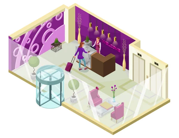 Hotel check-in isométrica 3d ilustração com pessoas, hall de entrada, recepção, móveis de mármore, design de interiores na moda, vista interior do quarto — Vetor de Stock