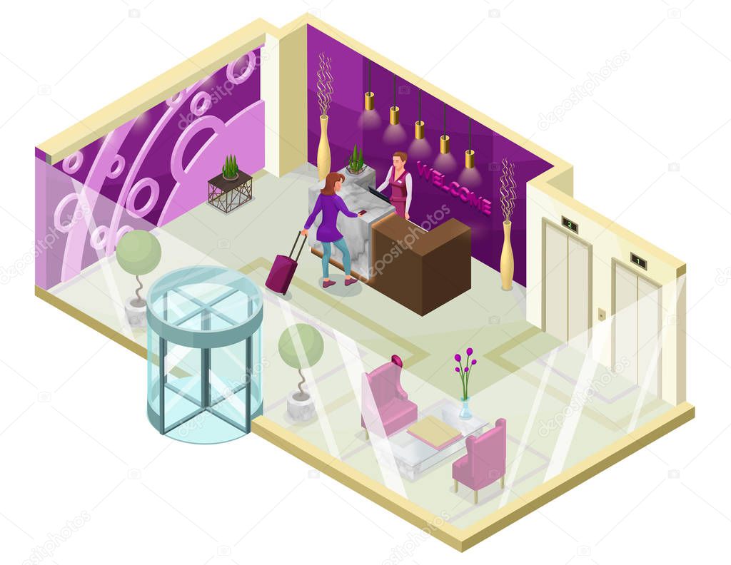 Hotel check in isometric 3d illustration with people, lobby, reception desk, marble furniture, trendy interior design, inside room view