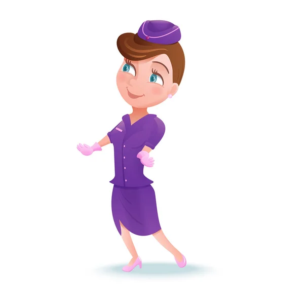 Стюардесса персонаж мультфильма, член экипажа авиакомпании, симпатичная девушка в фиолетовой форме делает инструктаж по безопасности, векторная иллюстрация — стоковый вектор