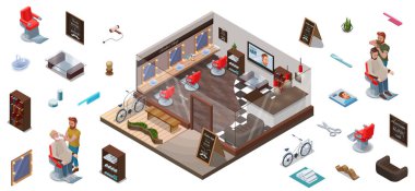 İzometrik Infographic 3d Kuaför Salonu iç Oluşturucu, Kuaför kesim saç veya sakal, karakterler, koleksiyon oluşturma hipster Kuaför salonu için insanlar, berber koltuğu, Bisiklet, makas