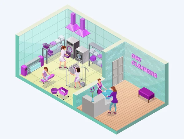 Stomerij of Wasserij service isometrische 3d illustratie met wassen en strijken van machines, wasvrouw, manden, wasmiddel, vector interieur van kleding en reisnaaigarnituren winkel — Stockvector