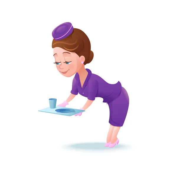 Персонаж мультфильма Стюардессы, член экипажа авиакомпании, симпатичная девушка в фиолетовой форме, подающая еду, векторная иллюстрация — стоковый вектор