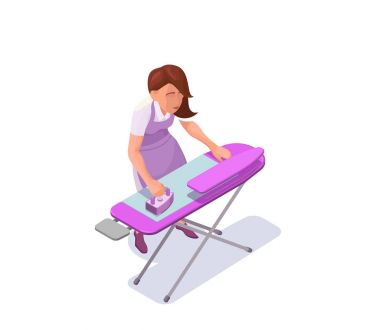 Kadın izometrik 3d vektör çizim ev hanımı ya da giysi demir, çamaşırcı, Kuru temizleyiciler ile pürüzsüz yapma hizmetçi ile Ütü