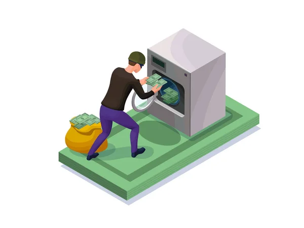 Criminele wassen bankbiljetten in machine, geld witwassen van pictogram met bandit, financiële fraude concept, isometrische 3d vector illustratie — Stockvector