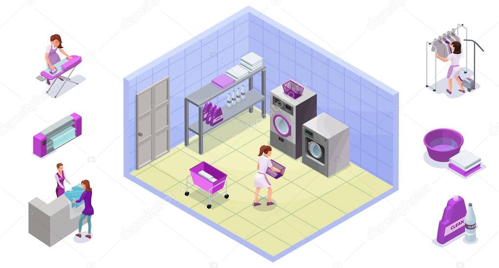 Dry cleaners or laundry service isometric 3d illustration with washing and ironing machines, laundress, baskets, detergent, vector interior of clothes cleaning shop