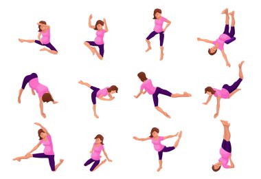 Hamile kadının fiziksel fitness egzersiz yapması ayarla gebelik yoga büyük izometrik 3d spor eğitim, gevşeme ve meditasyon pozlar koleksiyonu ile illüstrasyon vektör