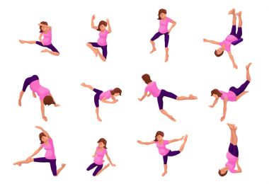 Hamile kadının fiziksel fitness egzersiz yapması ayarla gebelik yoga büyük izometrik 3d spor eğitim, gevşeme ve meditasyon pozlar koleksiyonu ile illüstrasyon vektör