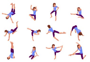 Yoga poz büyük küme fiziksel fitness egzersiz yaparak kadınla izometrik 3d spor eğitim, gevşeme ve meditasyon ile illüstrasyon vektör