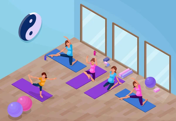 Yoga studio interior with pregnant woman doing physical fitness exercise, isometric 3d vector illustration with sport training, relaxation and meditation poses collection — Stock Vector